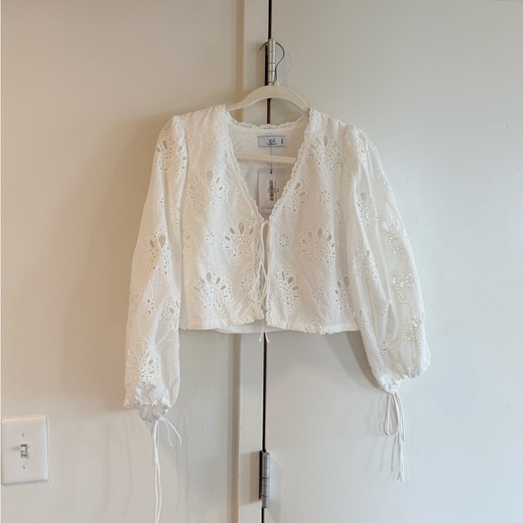 Stile Tops - Stile Eyelet Cropped Tie Blouse